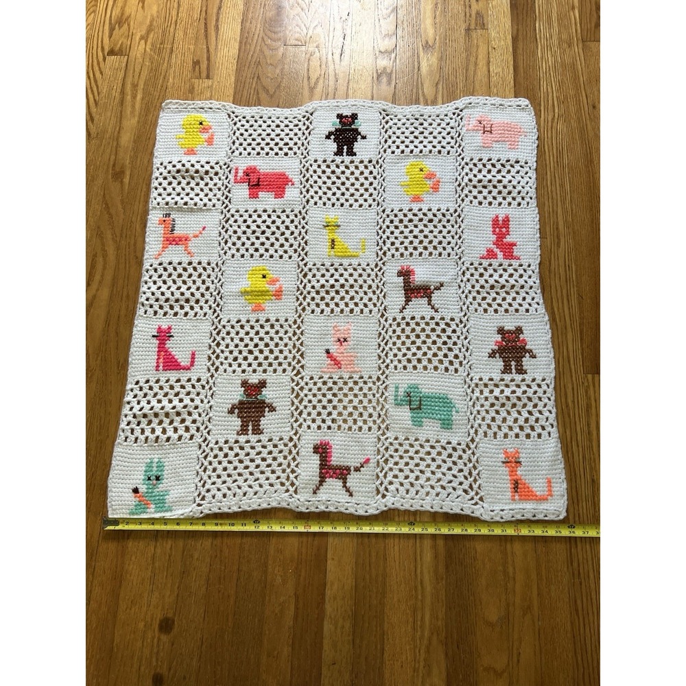 Handmade Crochet Baby Blanket Animal Motif Afghan White 36x36